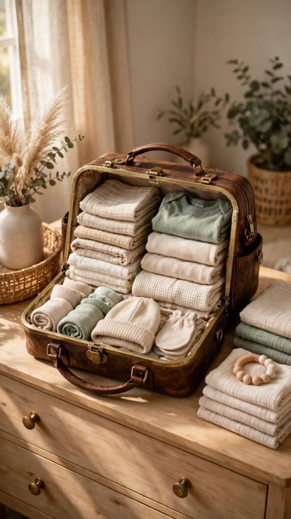 Vintage doctor's bag style diaper bag opened wide on a nursery dresser