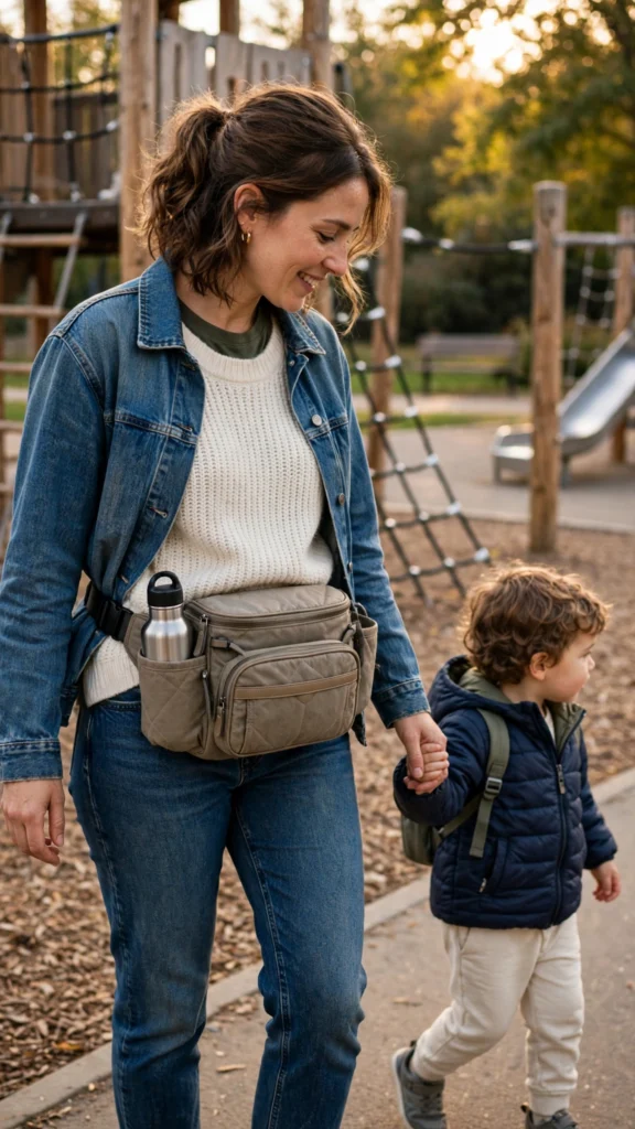Chic belt bag diaper bag worn at the waist in a playground