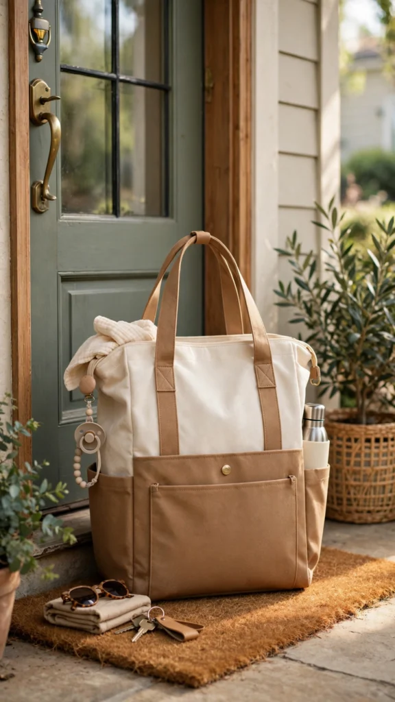 Two-tone colour-block tote diaper bag in cream and tan by a front door