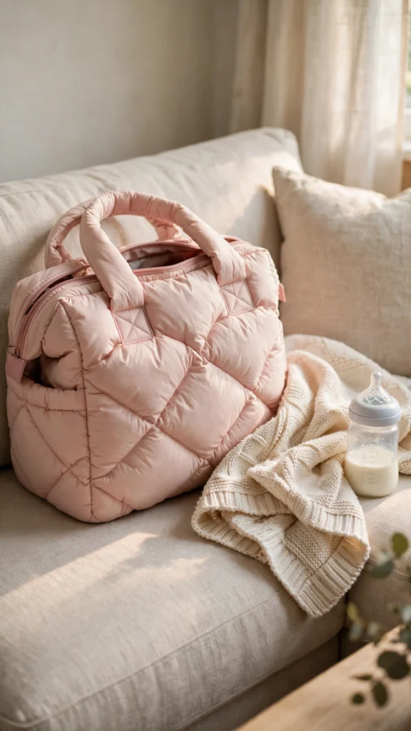 Padded puffer tote diaper bag in blush pink on a sofa