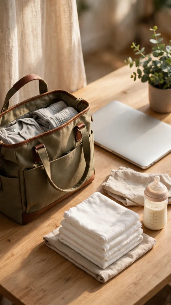 Work-ready laptop tote diaper bag on a desk with a laptop