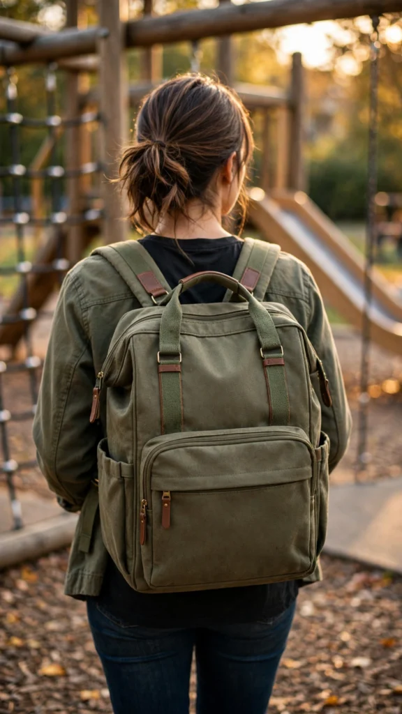Everyday canvas backpack diaper bag in olive green at a playground