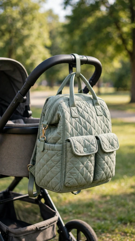 Sage green quilted backpack diaper bag on a pram handle