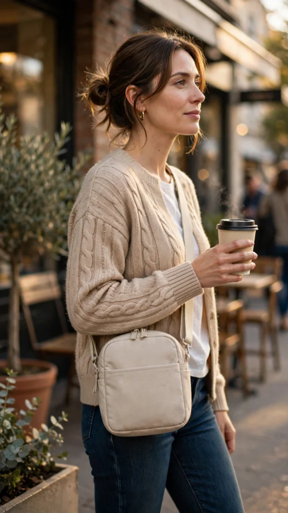 Beige neutral crossbody diaper bag on a coffee run