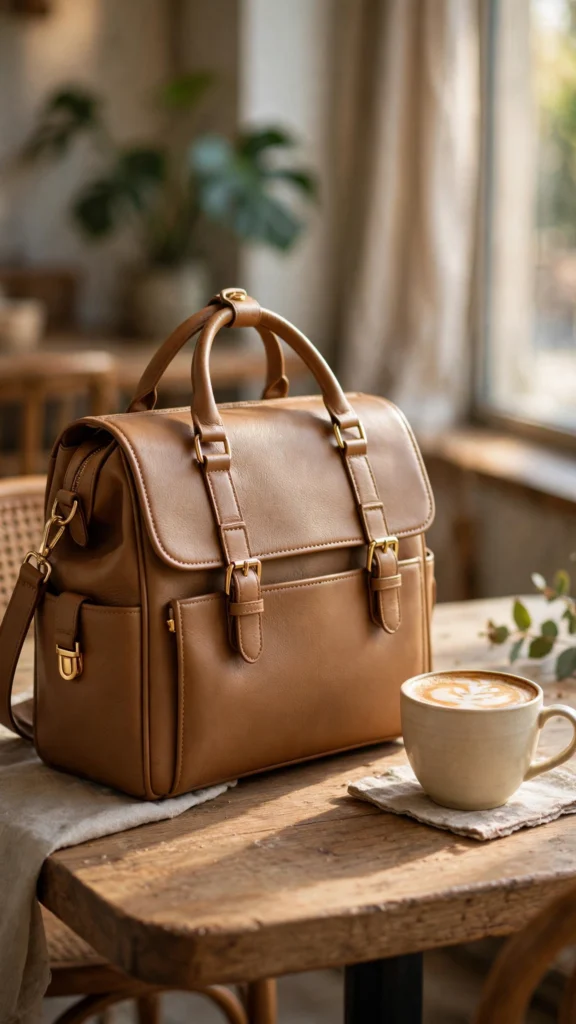 Tan structured satchel diaper bag on a cafe table next to a coffee cup