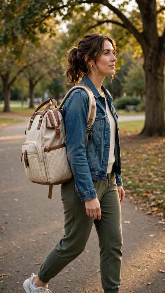 Convertible backpack-tote diaper bag worn as a backpack in a park