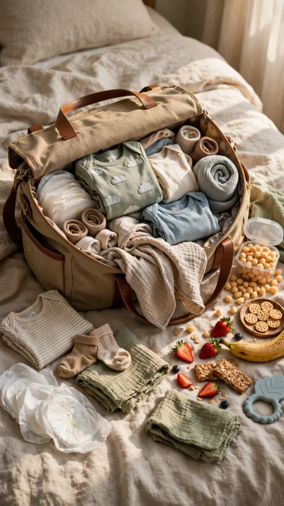 Oversized weekender diaper bag packed open on a bed