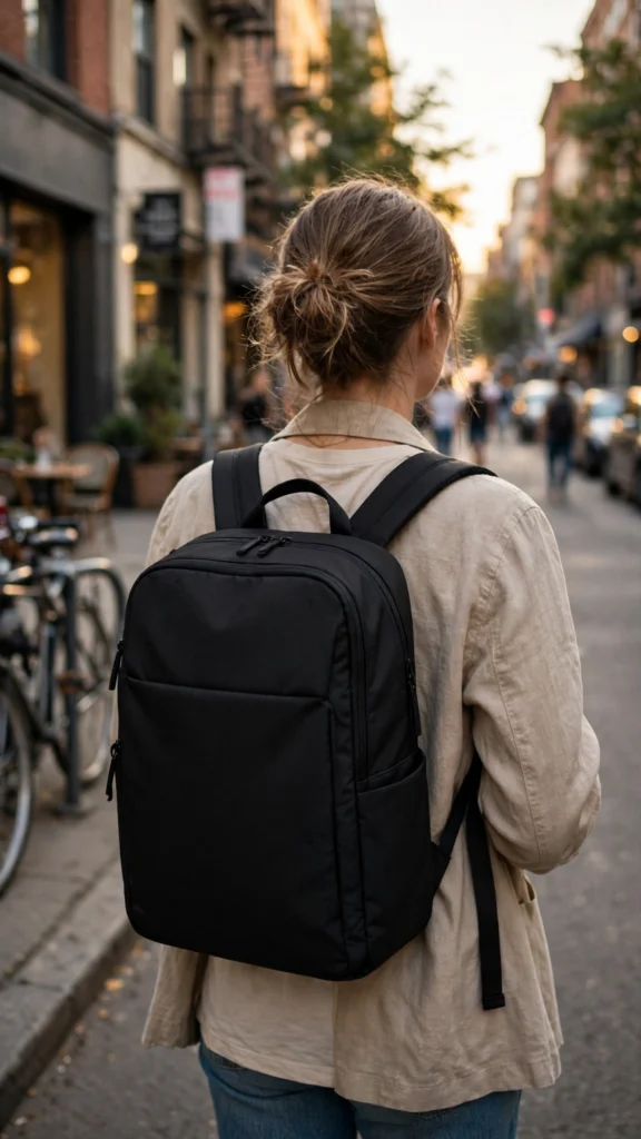 Minimalist black backpack diaper bag on a mom's shoulders on a city street