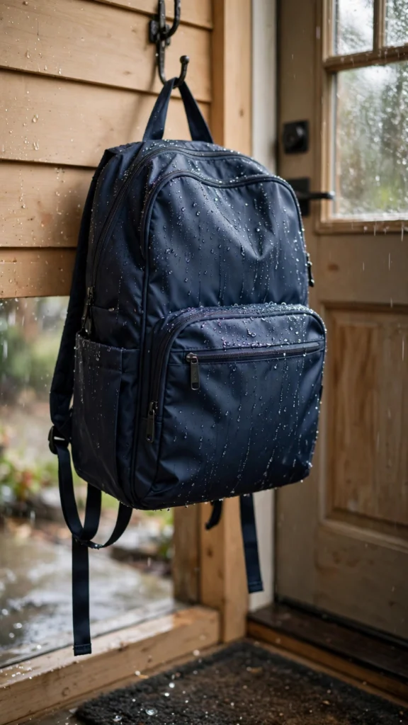 Sleek navy nylon backpack diaper bag with rain droplets