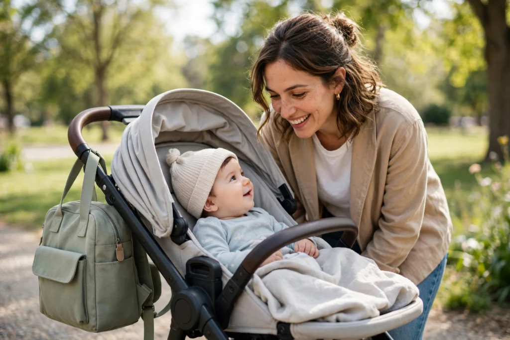 Mom with baby stroller and sage green diaper bag