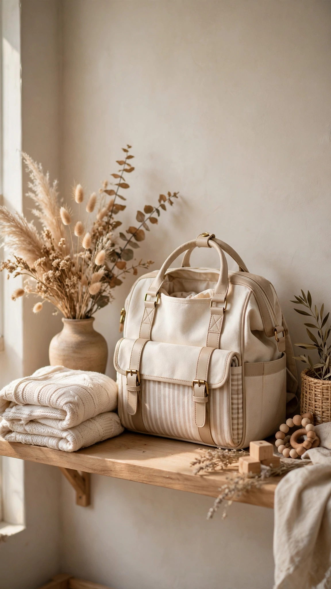 Aesthetic cream and beige diaper bag on a styled nursery shelf with dried flowers