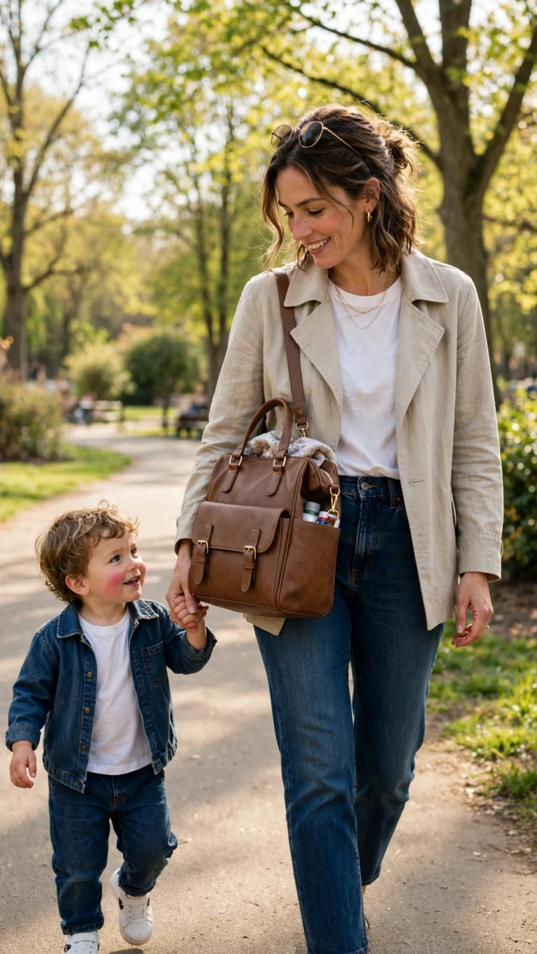 Stylish mom with leather-look tote diaper bag in a park