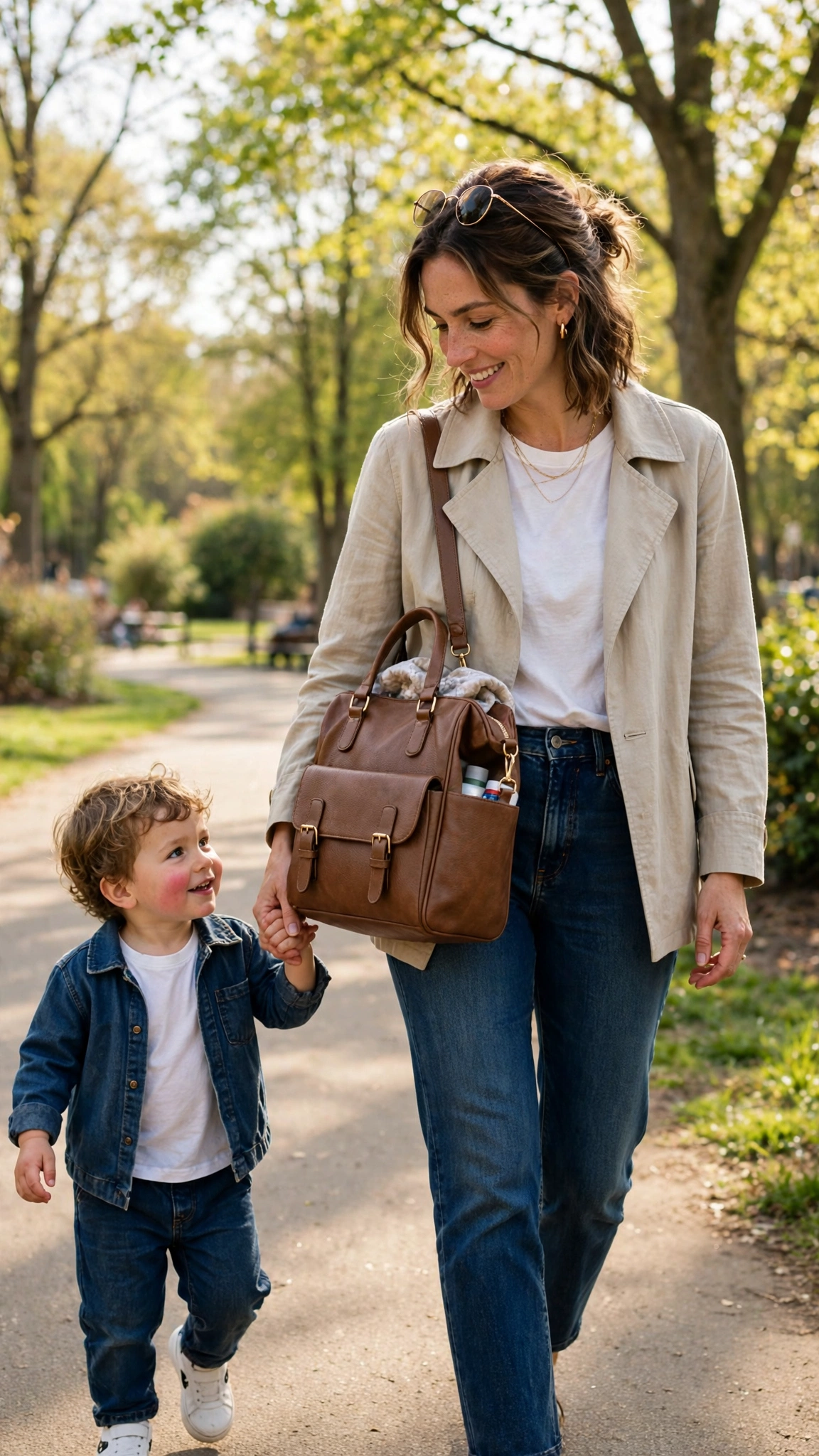 Stylish mom with leather-look tote diaper bag in a park